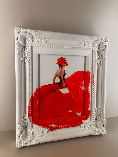 Neon Pink Dress Framed Painting, White Ornate Frame