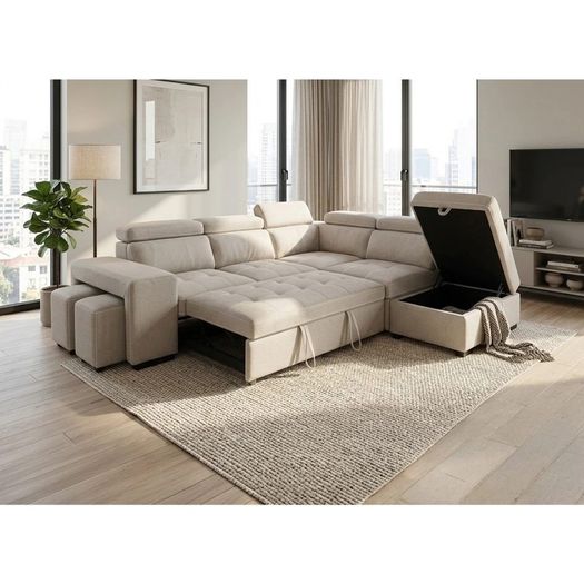 Beige Corner Sofa Bed + Storage + Footstool