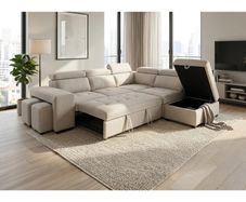 Beige Corner Sofa Bed + Storage + Footstool