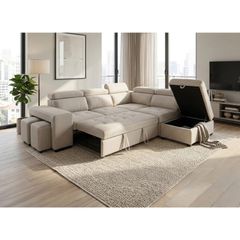 Beige Corner Sofa Bed + Storage + Footstool
