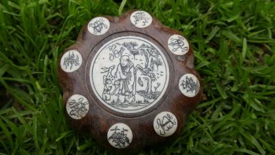 Vintage Hand Carved Wood Zodiac Feng Shui Compass