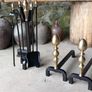 Antique Fire dogs and 4 piece fire set solid brass tops and steel Image 5