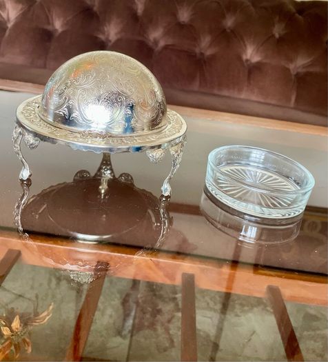 Vintage Silver Colour Roll Top Butter Dish with Glass Insert or Ornate Caviar Server