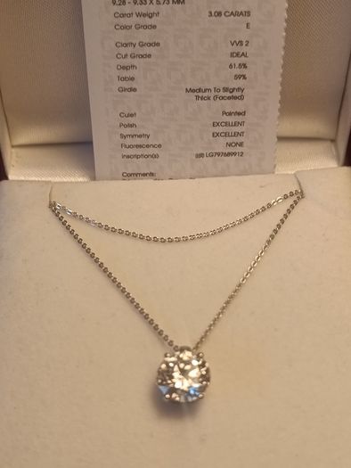 14ct White Gold 3ct Lab Diamond Solitaire Pendant and Chain.