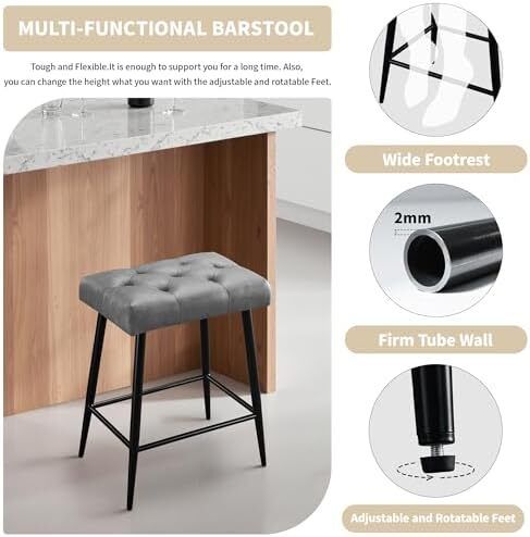 Set of 2 Bar Stools, Bar Stools with Microfibre Leather, Retro Bar Stools with Footrest, Counter Stool, 62.5 cm High, Kitchen Stools Without Backrest for Bistro, Kitchen, Dining Room, Grey