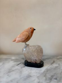 Hand-Carved Gemstone European Robin on Polished Quartz Base