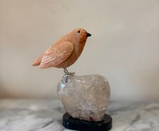 Hand-Carved Gemstone European Robin on Polished Quartz Base