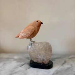 Hand-Carved Gemstone European Robin on Polished Quartz Base