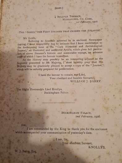 The History Of The "sirius" The Firtst Steamer That Crossed The Atlantic By William J Barry. Vintage  1906.