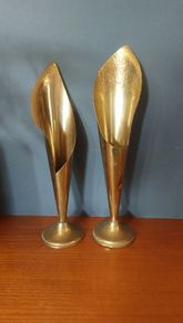 A Fabulous Pair of Rare Antique/Vintage Brass Arts & Crafts Style "Calla Lily" or "Trumpet" Vases with Hand-Beaten Repousse Finish  - Priced as a Pair, But Can be Sold Separately