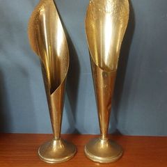 A Fabulous Pair of Rare Antique/Vintage Brass Arts & Crafts Style "Calla Lily" or "Trumpet" Vases with Hand-Beaten Repousse Finish  - Priced as a Pair, But Can be Sold Separately