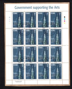 2001 Ireland Government Supporting the Arts Commemorative Stamp Sheetlet Plate 1A1A1A1A Fine Used with Dublin CDS cancel of 5th November 2001 (First day of issue) on envelope extract.