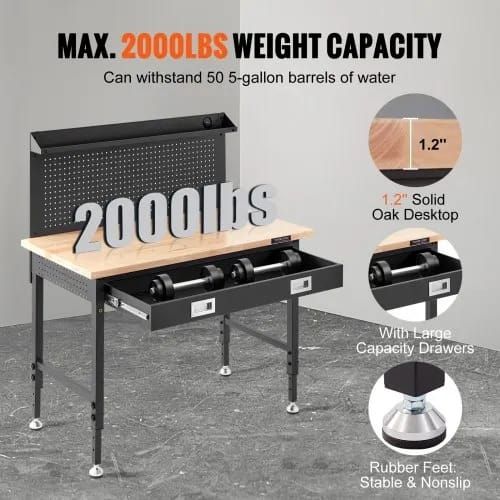 Workbench Adjustable Height 28-39.5" Work Bench For Garage Oak Plank & Carbon Steel Heavy Duty Workbench 2000lbs Weight Capacity Bench top Size 48x24" Hardwood Workbench 3m Cable 30 Hooks