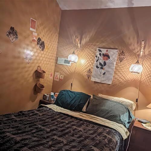 Wooden Indoor Wall Light, Vintage Wall Lamp with Plug and Switch, E27 Retro Bamboo Lantern, Rattan Bedside Lamp for Living Room, Bedroom, Stairs, Hallway (Bulb Not Included)