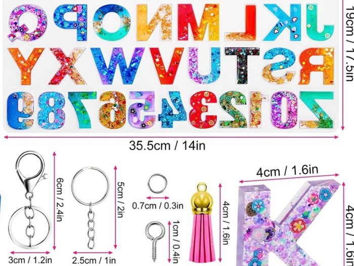 Epoxy Resin Kits for Beginners, 192 Pcs Letter Number Resin Moulds Silicone Keyring Making Kit, with 400ml Clear Resin, Resin Accessories/Pigment/Glitter Sequin/Gold Leaf/Keychain Tassels (FREE POSTAGE)