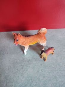 Vintage unknown maker Large hard rubber plastic 2 Collie Dogs Orange yellow white