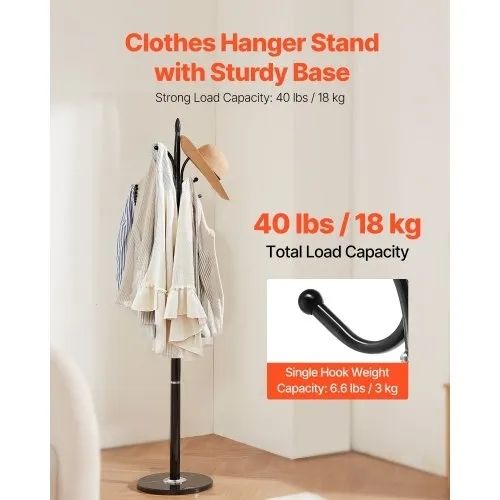 Coat Rack Freestanding, Coats Tree Stand with Stable Marble Base & 6 Hooks, Free Standing Hall Coat Rack for Entryway, Bedroom, Office, Living Room