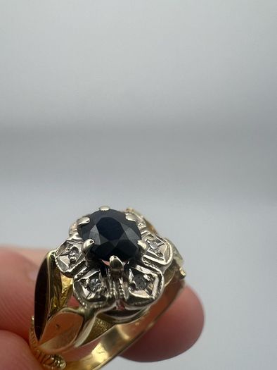 Antique 18ct Gold Diamond and Sapphire Ring Custom Crown Design - 6 Diamond cluster and Large Dark Blue Rare Sapphire - Beautiful Crown Design
