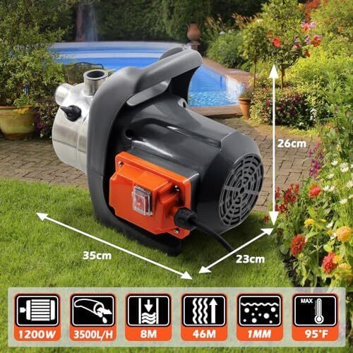 1200W Portable Garden Booster Jet Pump, 3500L/H Stainless Steel Pressure Pump, Max Water Lift 46m, 4.6 bar
