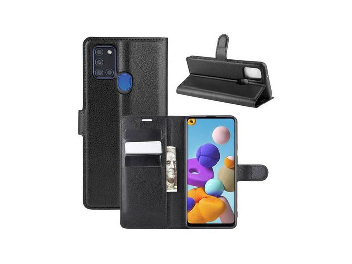 For Samsung Galaxy A21s Wallet Case Cover Flip Book PU Leather Holder Card Slots Black - FHT28SMK1