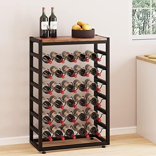 Dripex 30 Bottles Wine Rack Free Standing Floor, 6-Tier Display Wine Storage Shelves with Wooden Table Top, Sturdy Metal Bottle Holder for Kitchen Bar Pantry