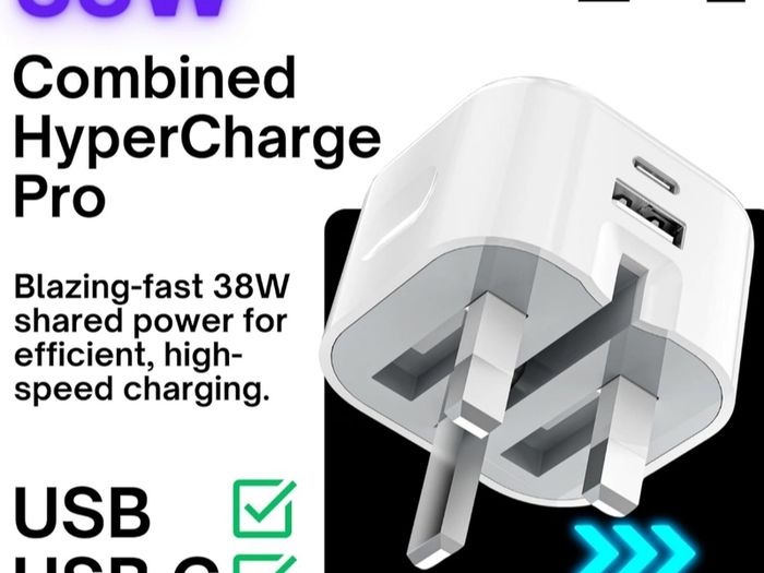 USB C and USB Plug, 38W Charging Adapter, 3 Pin UK Mains, Foldable, Travel, Super Fast Charger, for iPhone 16, 15, 14, 13, 12, 11 Pro Max, XS, XR, 8, SE, iPad, Samsung, Google Pixel, Multi-Device, PD