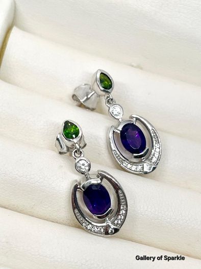 AAA African Amethyst, Natural Chrome Diopside & White Zircon Dangling Push Back Earring in Rhodium Overlay Sterling Silver