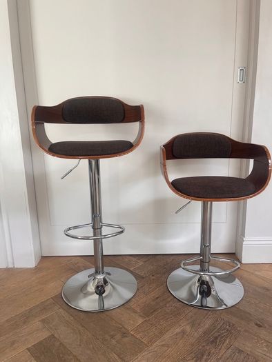 KARE Design Monaco Bar Stools, Pair, Walnut & Chrome, Adjustable