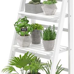 Plant Stand, 4 Tier Wooden Ladder Shelf Foldable Display Flower Plant Stands, Free Installation Plant Stands Indoor Corner Storage Shelves Bookshelf for Garden Balcony Living Room, White