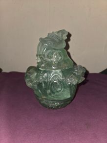 Antique Chinese Green Quartz Carved Lidded Jar