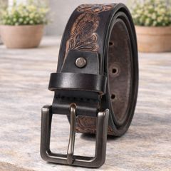 Unisex Genuine Leather Tooled Belt Vintage Floral Western Leather Belt for Men Women