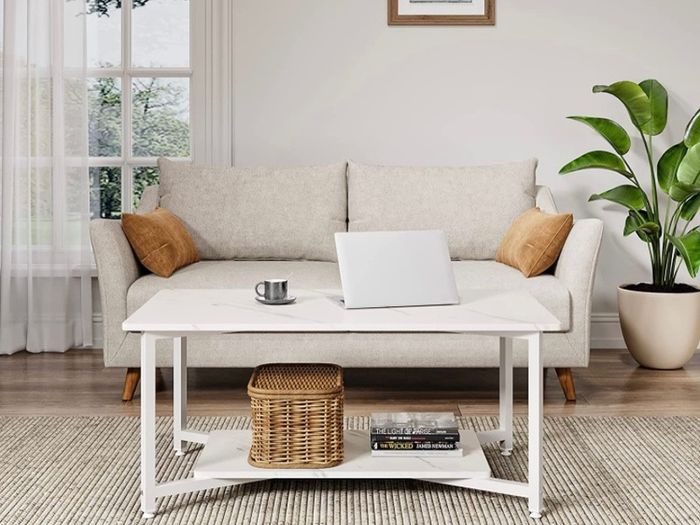 2-Tier Coffee Table with Open Shelf for Spacious Storage, Coffee Desk, Industrial-Style for Living Room, Home, Office White Marble (FREE POSTAGE)