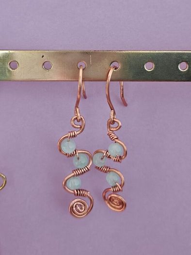 Handmade Copper Wire Wrapped Earrings, Milky Glass Beads, Boho Spiral Dangles