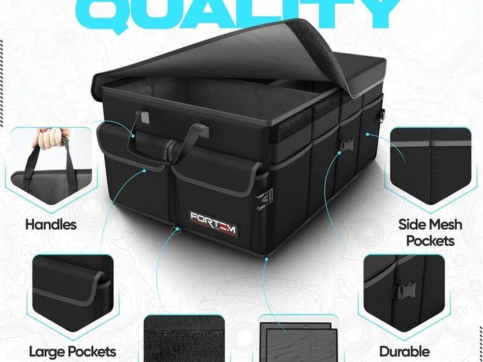 Car Boot Organiser, Collapsible Multi Compartment SUV Organizer, Foldable Storage for Car Accessories for Women Men, 600D Oxford, Non Slip Bottom, Securing Straps, Soft Cover (50L)