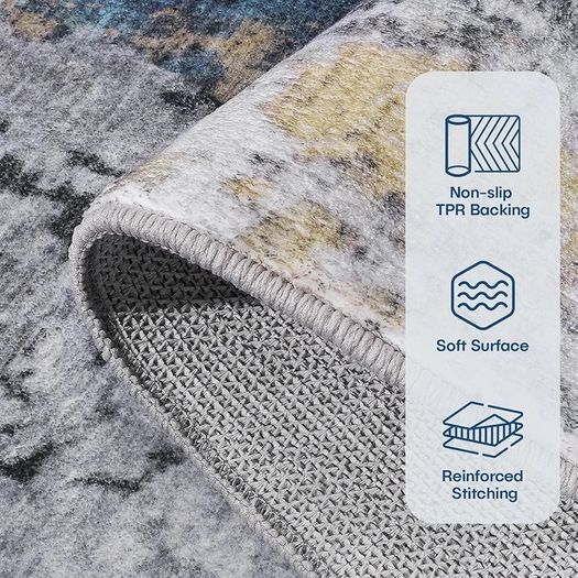 Living Room Rug  Modern Abstract Low Pile Area Carpet Non Slip Washable Mat for Bedroom Hallway Kitchen Laundry  Entryway Utility Beside Sofa Office Blue Gold