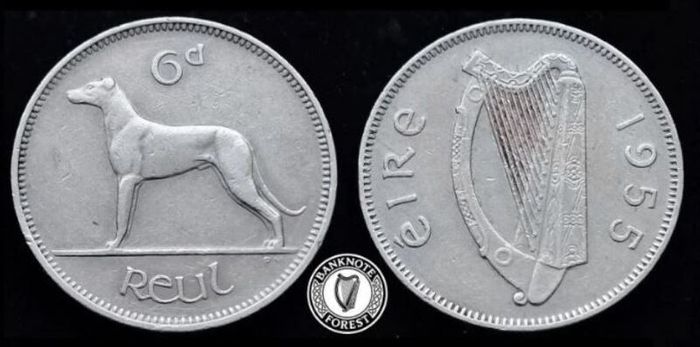 [#2519] - Ireland 1955 | Irish 6d | Six Pence | Wolfhound | KM.13a