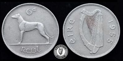[#2519] - Ireland 1955 | Irish 6d | Six Pence | Wolfhound | KM.13a