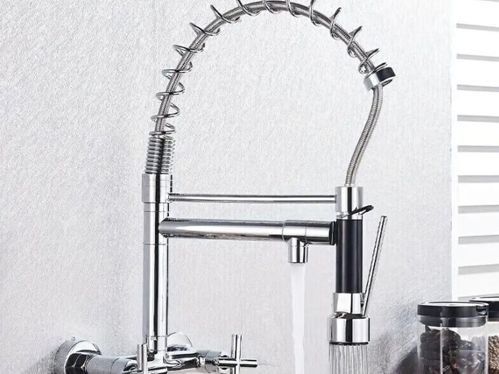 Wall-Mounted Kitchen Tap with Pull-Out Spray  360 deg Rotating Dual-Function Mixer Tap (Matte Black / Chrome Finish)