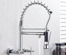 Wall-Mounted Kitchen Tap with Pull-Out Spray  360 deg Rotating Dual-Function Mixer Tap (Matte Black / Chrome Finish)