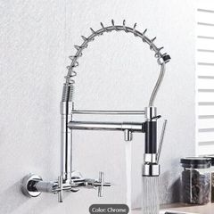 Wall-Mounted Kitchen Tap with Pull-Out Spray  360 deg Rotating Dual-Function Mixer Tap (Matte Black / Chrome Finish)