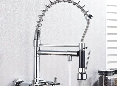 Wall-Mounted Kitchen Tap with Pull-Out Spray  360 deg Rotating Dual-Function Mixer Tap (Matte Black / Chrome Finish)