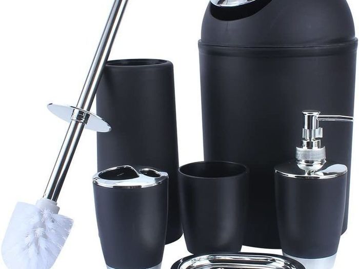 Set 6 Piece Accessory Bin Soap Dish Dispenser Tumbler Toothbrush Holder (black)
