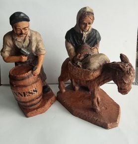 Wooden Guinness Barrell Maker and Old Women Figures