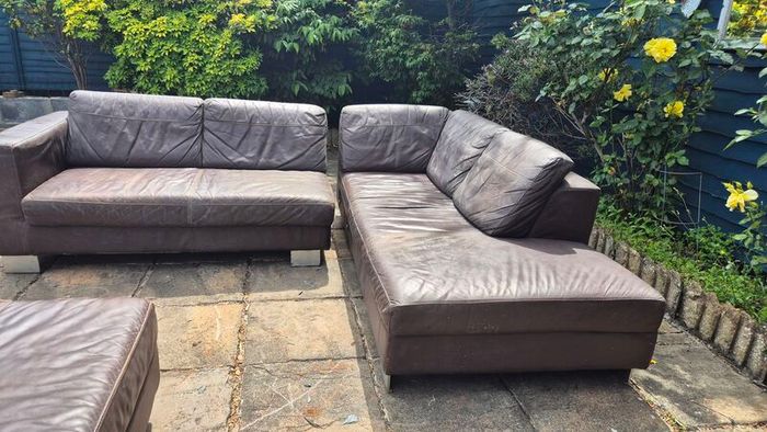 Premium Dark Brown Leather Corner Sofa & Matching Storage Ottoman