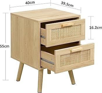 Side Table with 2 Hand Made Rattan Decorated Drawers, Night Stand Set 2, Wood Nigntstand, End Table with Storage for Bedroom, Natural, 2 Pack