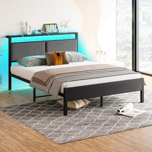 Metal Bed Frame Double Platform Upholstered Bed Frame with Storage Headboard, Heavy Duty Metal Bed