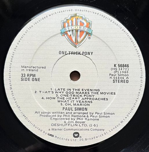 Paul Simon One Trick Pony Vinyl 1980 Irish Pressing