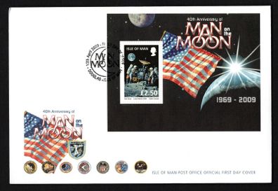 2009 Isle of Man On the Rim (John Young and Charlie Duke at North Ray Crater 1972) Commemorative Stamp Miniature Sheet First Day Cover (FDC)