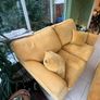 Mustard yellow velvet sofa with matching footstool Image 2
