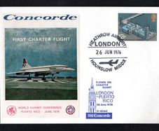 1977 Great Britain Concorde Flight Unaddressed Cover First Charter Flight From London to Puerto Rico for World Summit Conference typing 12p Parliamentary Conference Commemorative Stamp